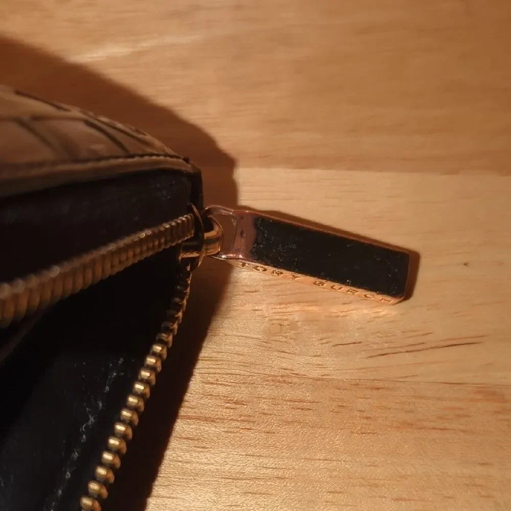 Tory Burch Black Leather Wallet Embossed Logo with Gold Zipper